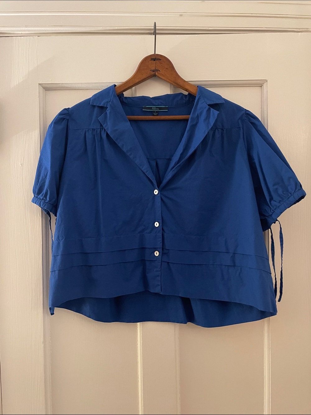 Shore Blue Poplin Puff Sleeve Cropped Blouse | Women’s Size L